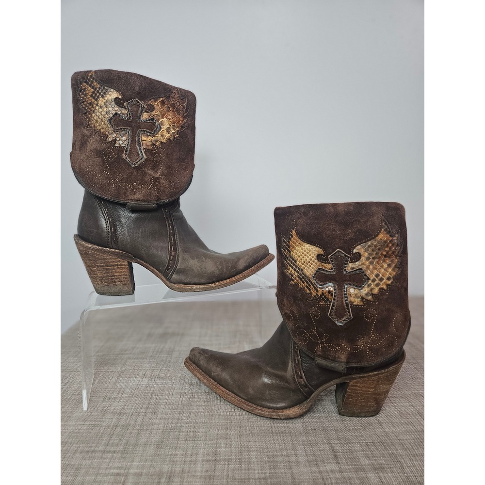 Corral Vintage Brown Leather Cross Snakeskin Inlay Ankle Boots C2214 Womens 6.5M